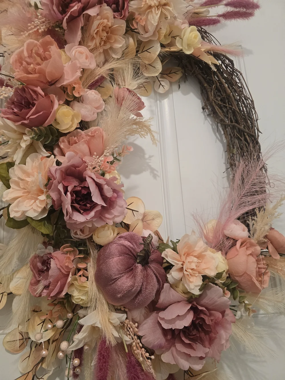 W020 - Decorative Pink and Blush Floral Grapevine Wreath - Fall Pumpkin